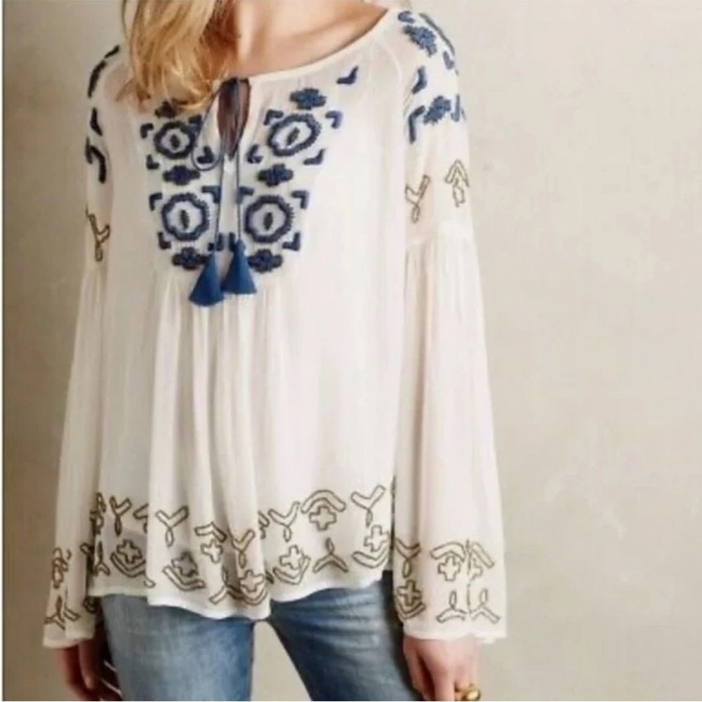 Anthropologie Vanessa Virginia Sheer Beaded Peasant Blouse
